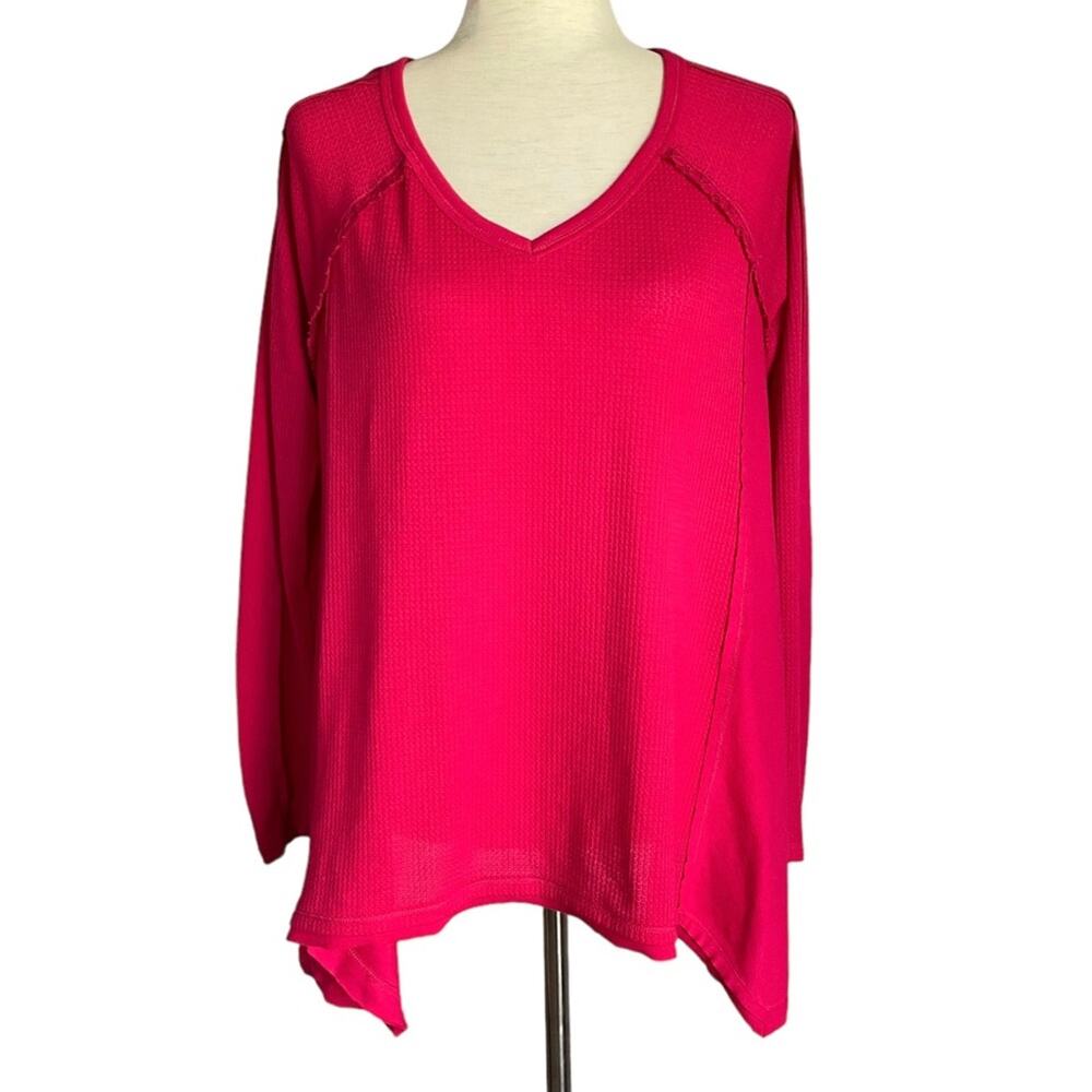 CATO NWT Fuchsia Pink Waffle Knit Asymmetrical Long Sleeve Top Size Medium Lace